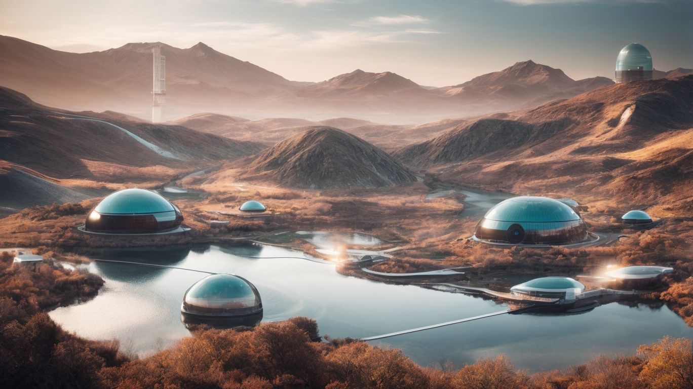 Futuristic domes in sunlit mountainous landscape